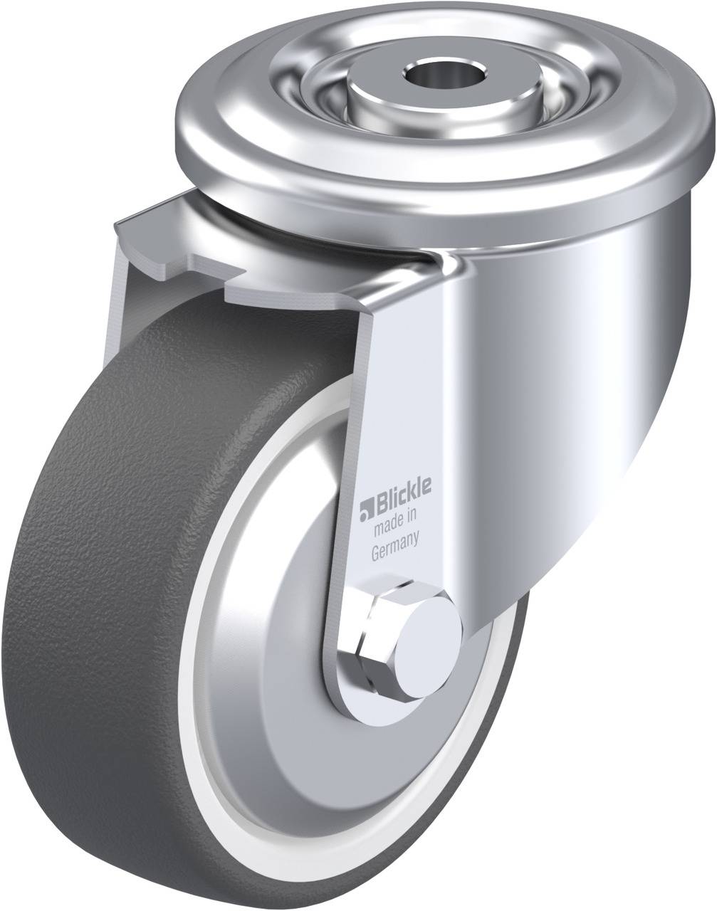 Schwenkrolle aus Metall mit grauem Rad, Beschriftung 'Blickle made in Germany', geeignet für Transportgerätesysteme.