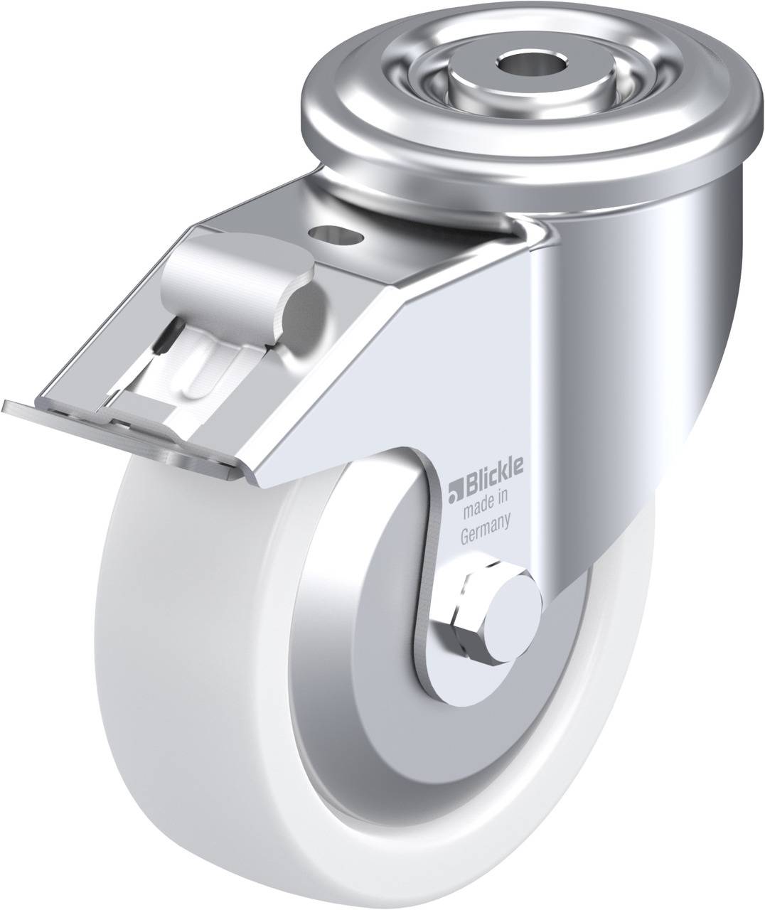 Schwenkrolle aus Metall mit weißem Rad, geeignet für den Einsatz in Transportgeräten. Aufschrift: 'Blickle made in Germany'.