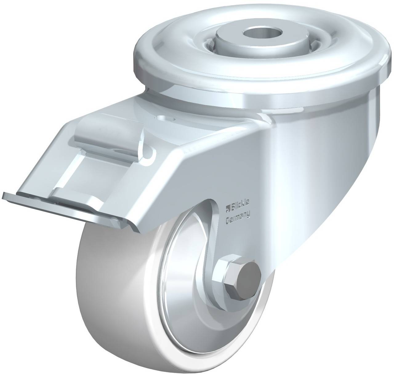 Industrie-Rolle aus Metall und Kunststoff mit Halterung, Seitenansicht. Geeignet für schwere Lasten oder industrielle Anwendungen.