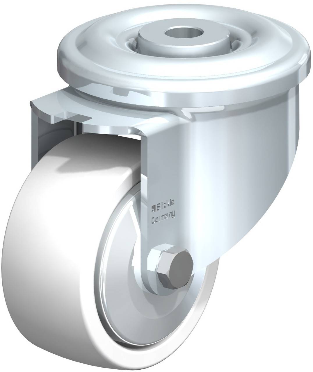 Drehbares Rad eines Industrie-Transportrucks. Das Rad ist weiß, die Halterung silbern. Geeignet für schwere Lasten oder Möbel.