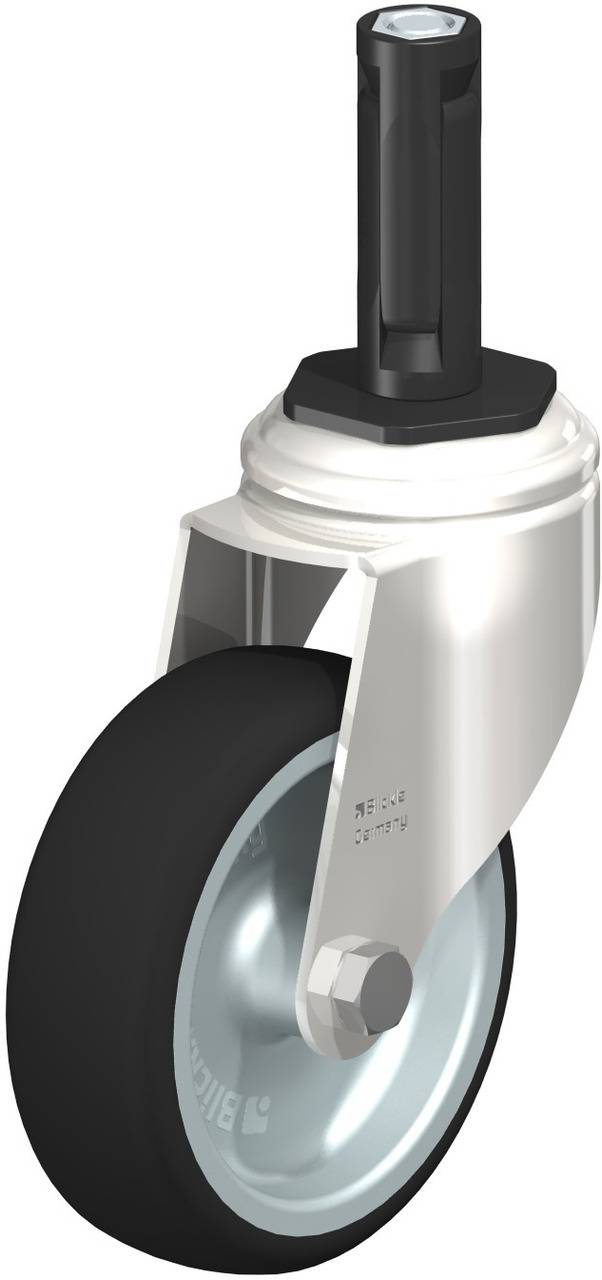 Ein einzelnes Transportgerät-Rad mit schwarzem Reifen und silberner Halterung, geeignet für den industriellen Einsatz.