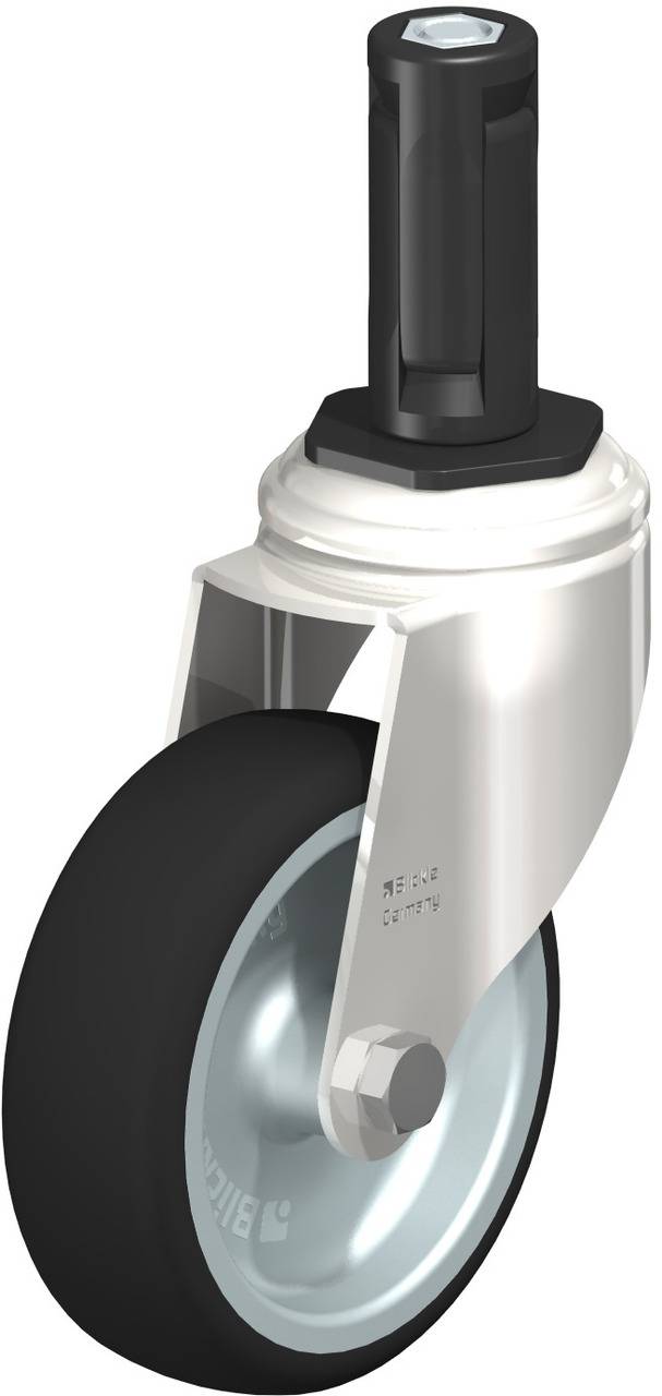 Ein drehbares Rad mit Metallhalterung und schwarzer Gummibereifung, geeignet für Möbel oder Transportgeräte.