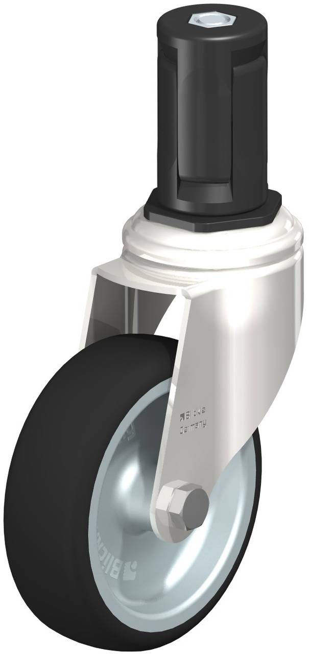 Bild zeigt eine einzelne schwenkbare Lenkkrolle mit schwarzem Rad und silbernem Metallgehäuse.