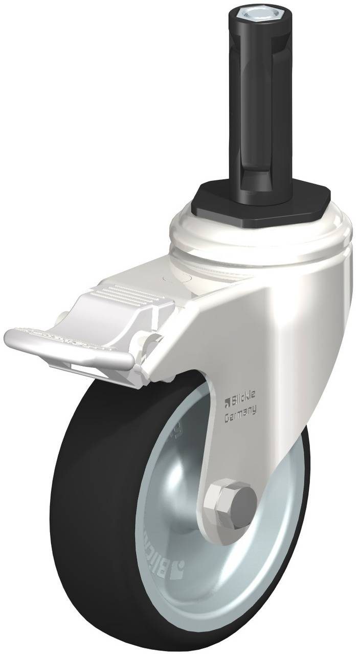 Einzelnes Lenkrollenrad aus Metall und Kunststoff, mit schwarzer Gummilauffläche, montiert auf einer weißen Halterung mit Bremshebel.