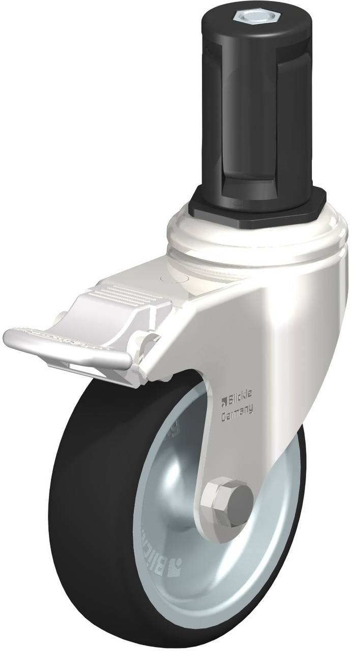 Industrie-Schwenkrolle mit schwarzem Gummi und weißem Gehäuse. Metallstift oben für Befestigung. Geeignet für schwere Lasten.
