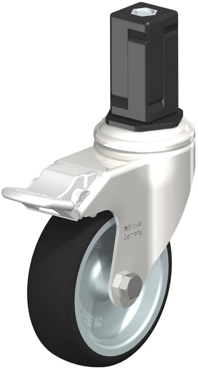 Schwenkrolle mit schwarzem Gehäuse, silbernem Metallrad und Feststellbremse. Verwendet für Möbel oder industrielle Anwendungen.