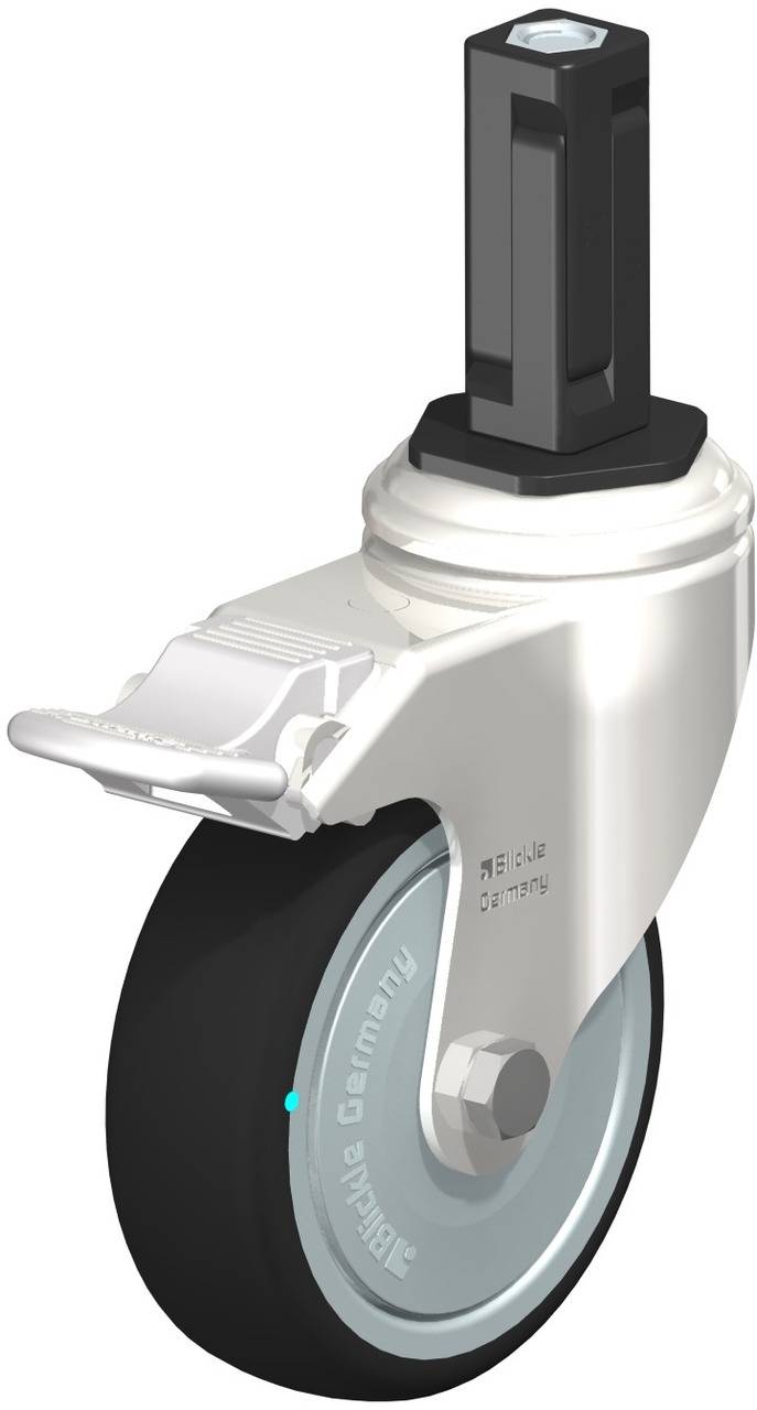 Eine Metallrolle mit schwarzem Rad und rechteckigem Befestigungsstift, geeignet für bewegliche Möbel oder Transportgeräte.