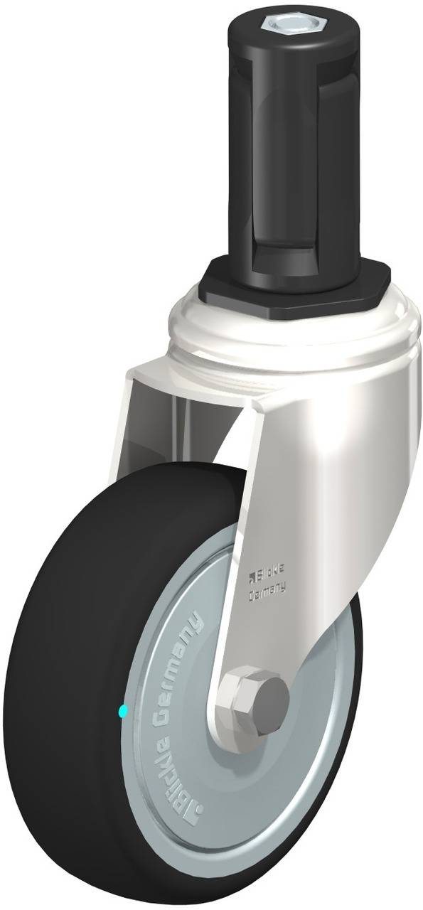 Ein schwarzes Motorradreifenventil mit Sensor, montiert auf einer silbernen Metallfelge, zeigt Teile eines Rades.