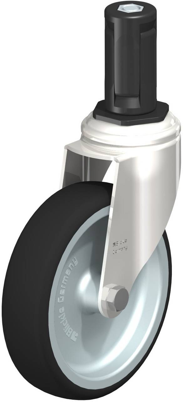 Ein einzelnes graues Schwenk-Lenkrolle mit schwarzem Gummirad, silberner Halterung und schwarzem Befestigungsstift.