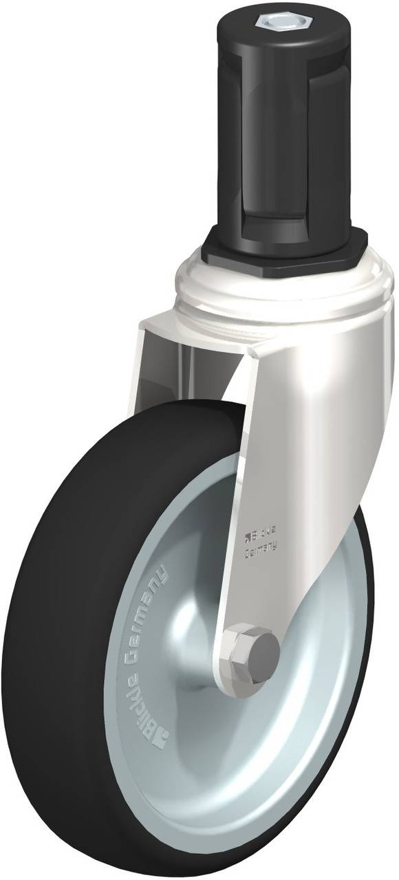 Eine einzelne schwarze Lenkrolle mit silberner Halterung und Sechskantschraube, geeignet für Möbel oder Geräte.