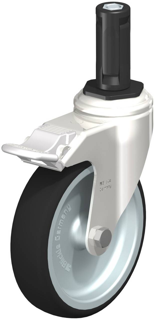 Rad mit schwarzem Reifen und silberner Felge, montiert an einer weißen Halterung mit schwarzem Schaft. Geeignet für Möbel oder Geräte.