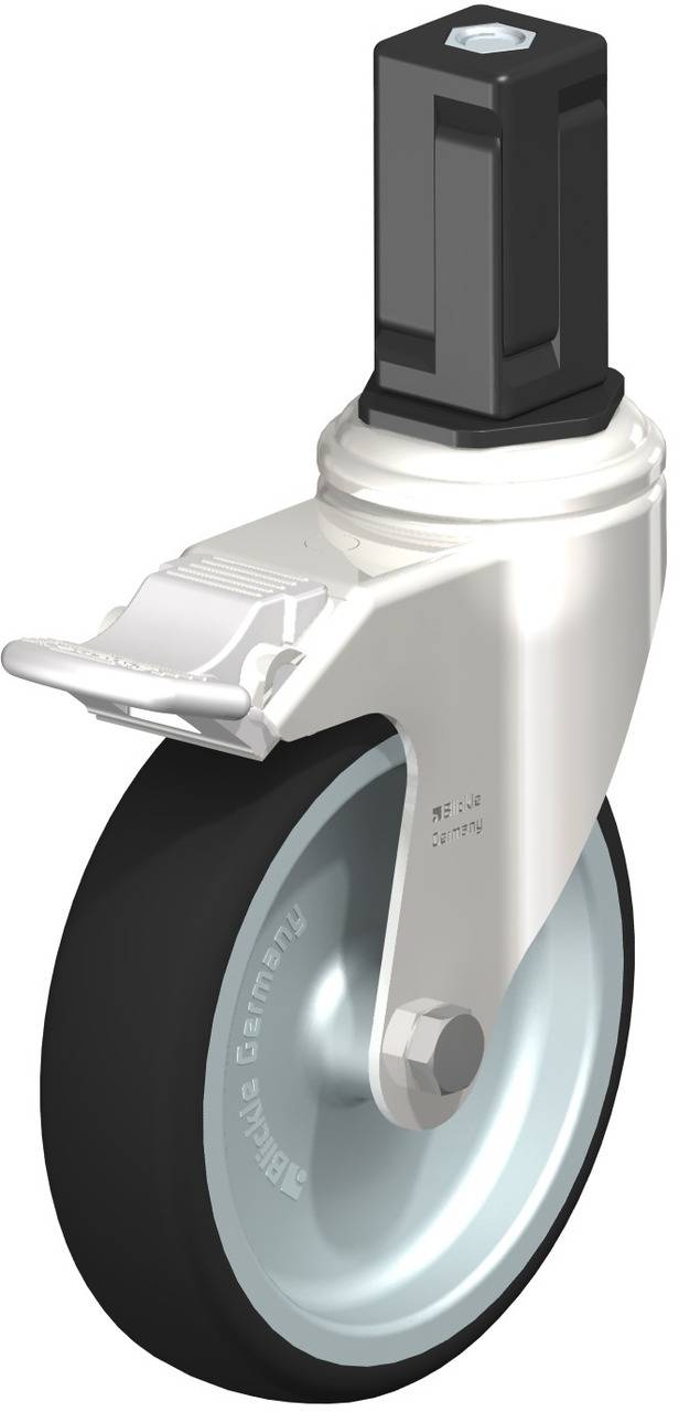 Industrie-Rollenrad mit schwarzem Gehäuse und grauer Gummireifen, geeignet für schwere Lasten, mit festem Montagebolzen.