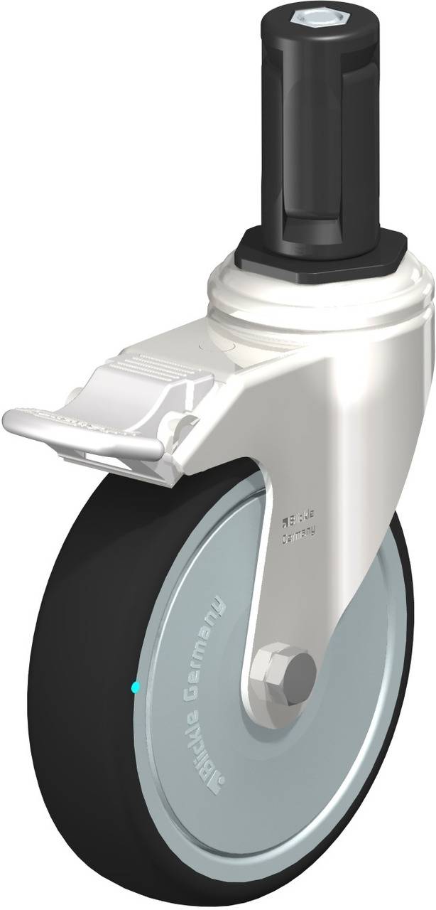 Abbildung einer schwenkbaren Rolle mit Bremse und schwarzem Rad, geeignet für industrielle Anwendungen.