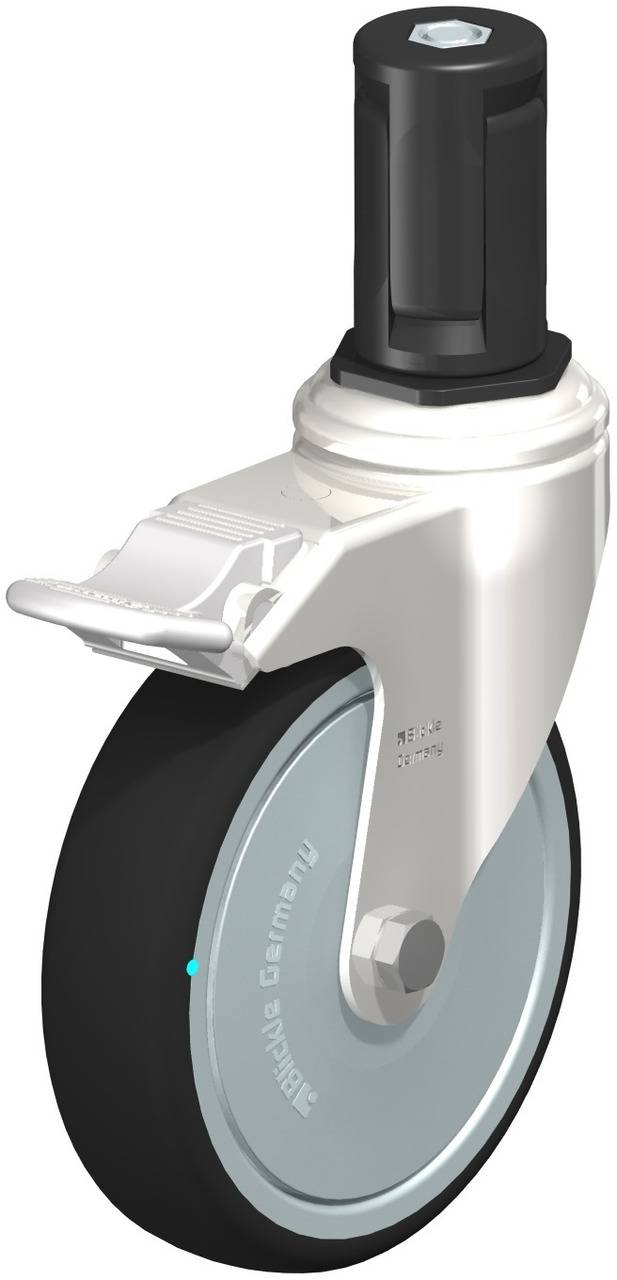 Schwenkrolle mit schwarzem Rad und Metallgehäuse, geeignet für Transport- oder Industrieanwendungen.