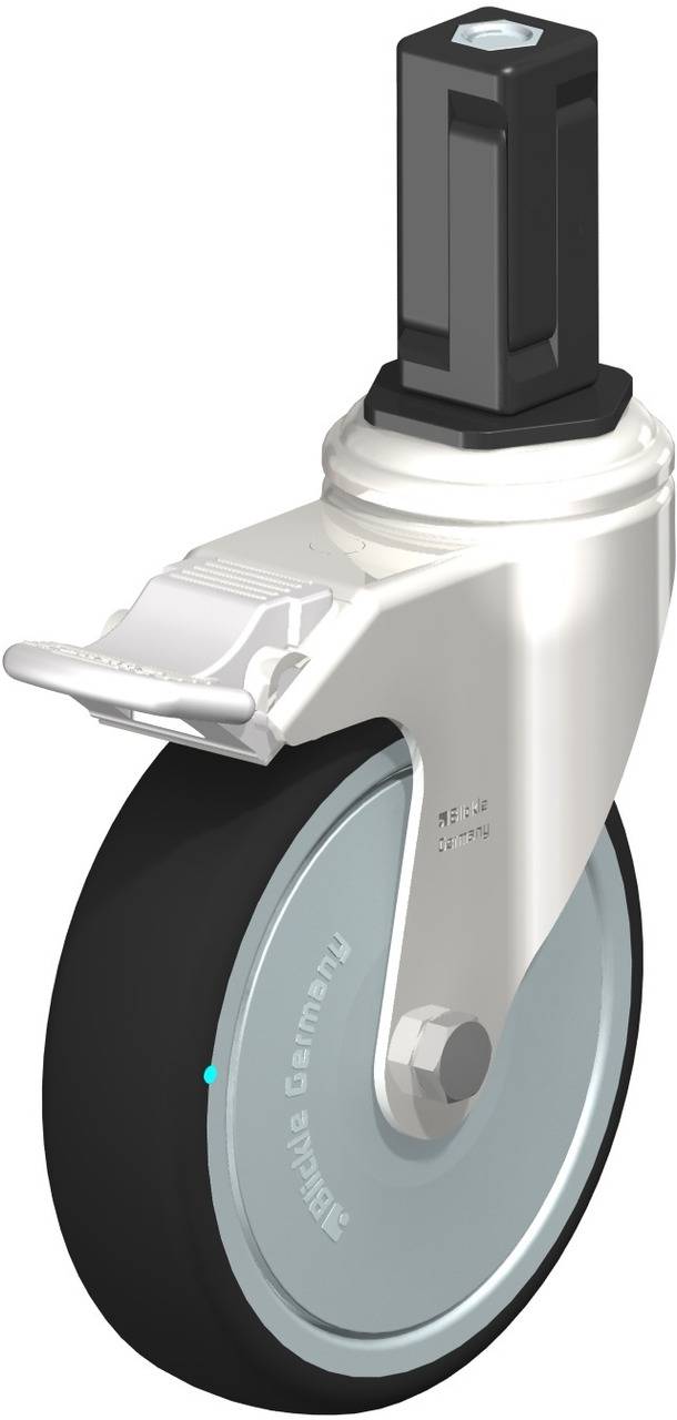 Rolle mit schwarzem Rad und silbernem Gehäuse, oben ein schwarzer Vierkantstiel. Geeignet für Möbel oder Transportwagen.