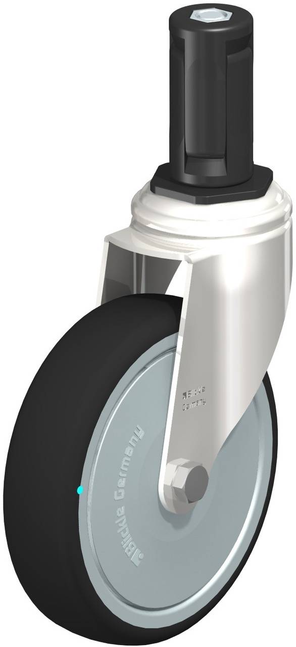 Industrie-Lenkrolle mit schwarzem Rad, silbernem Gehäuse und montierbarer Halterung, geeignet für schwere Lasten.