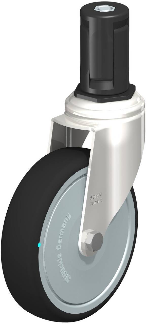 Industrie-Lenkrolle mit schwarzem elastischem Rad, silbernem Metallgehäuse und Befestigungsstift. Maximale Tragkraft: 100 kg.
