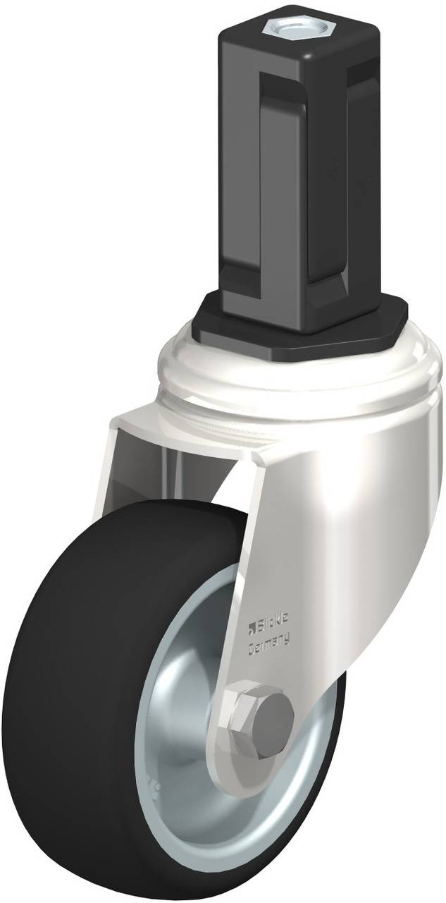 Industrie-Rollenlager mit festem schwarzen Reifen und silbernem Gehäuse, oben ein quadratischer Stift zur Befestigung.