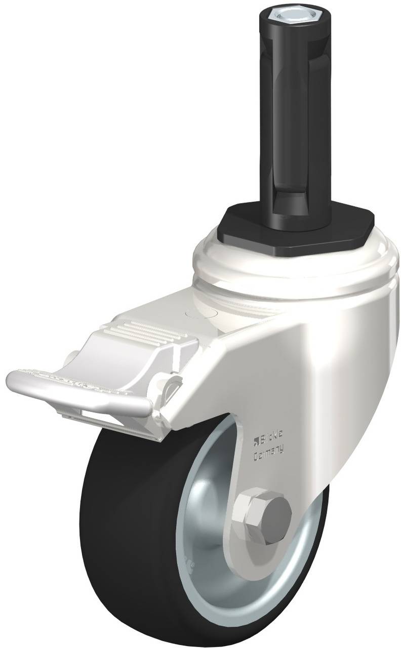 Drehbares Möbelrad mit schwarzem Gummireifen, silbernem Metallgehäuse und schwarzem Befestigungsstift, vermutlich für leichte Mobilität.