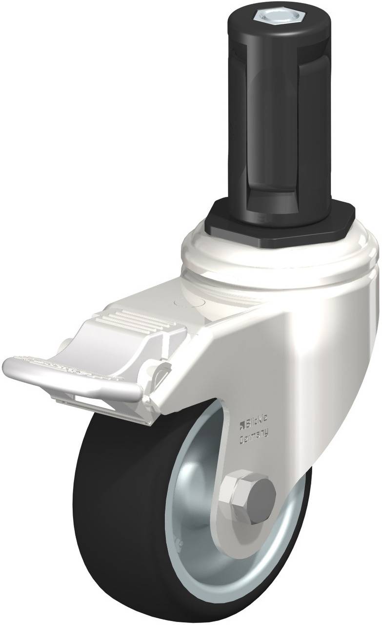 Lenkrolle mit schwarzem Rad und schwarzem Stift. Geeignet für Möbel oder Transportwagen. Silberne Radhalterung und Befestigungselement.