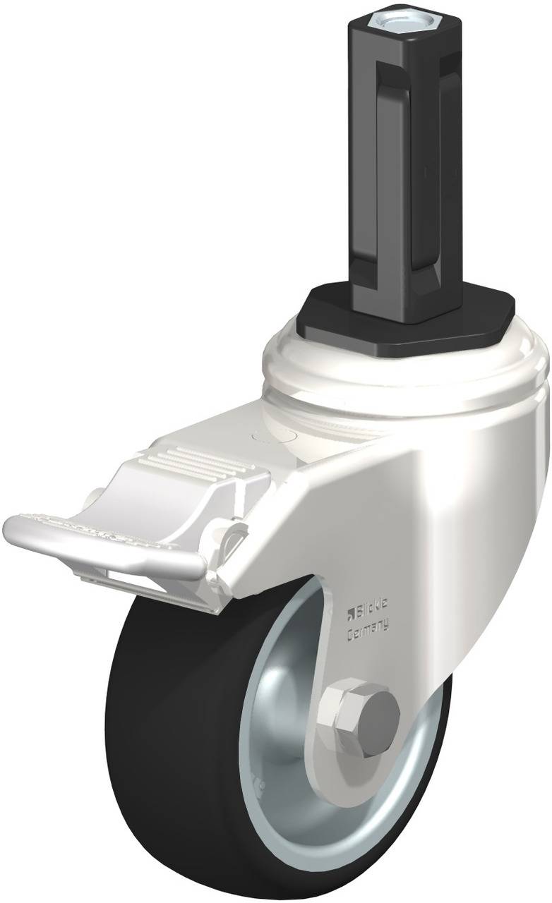 Lenkrolle aus Metall mit schwarzem Rad und rechteckigem Stift, geeignet für Möbel oder Geräte, bietet Mobilität und Stabilität.