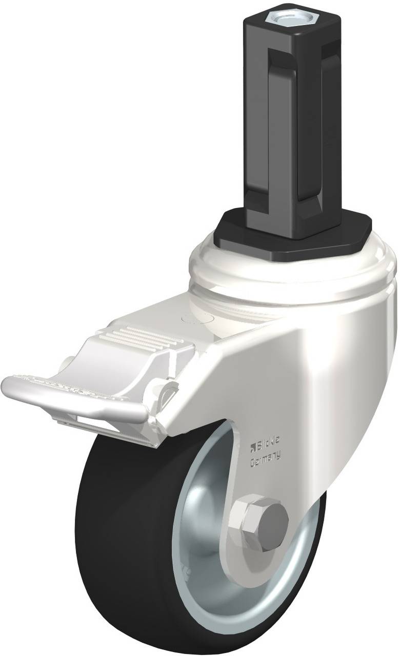 Schwenkbare Rolle mit schwarzem Kunststoffrad und weißem Gehäuse, geeignet für Möbel oder Geräte.