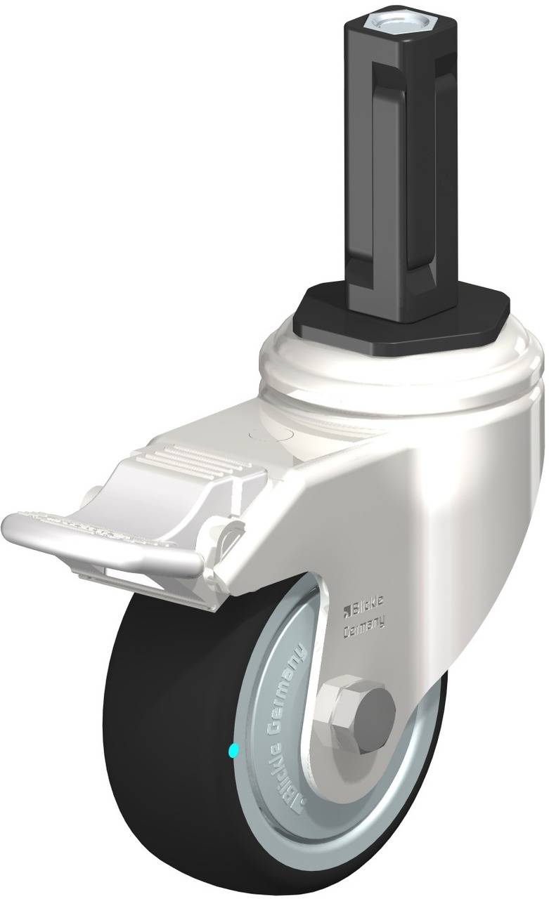 Das Bild zeigt eine einzelne Möbellaufrolle mit schwarzem Rad und weißem Gehäuse, geeignet für den Einsatz an Möbeln für Mobilität.