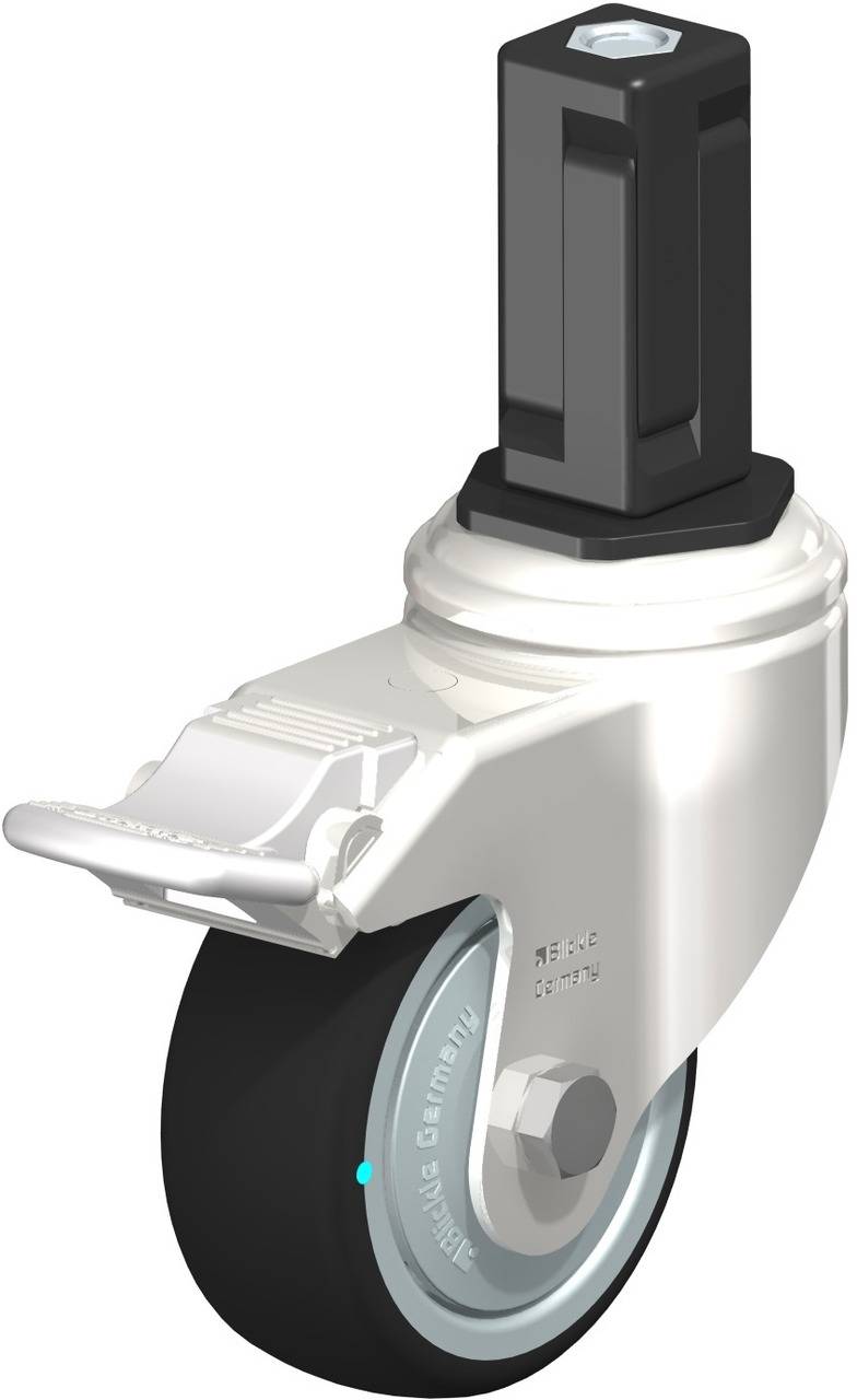 Ein Schwenkrolle mit rechteckiger Befestigung. Sie hat ein schwarzes Rad mit einer weißen Kante und eine weiße Halterung.