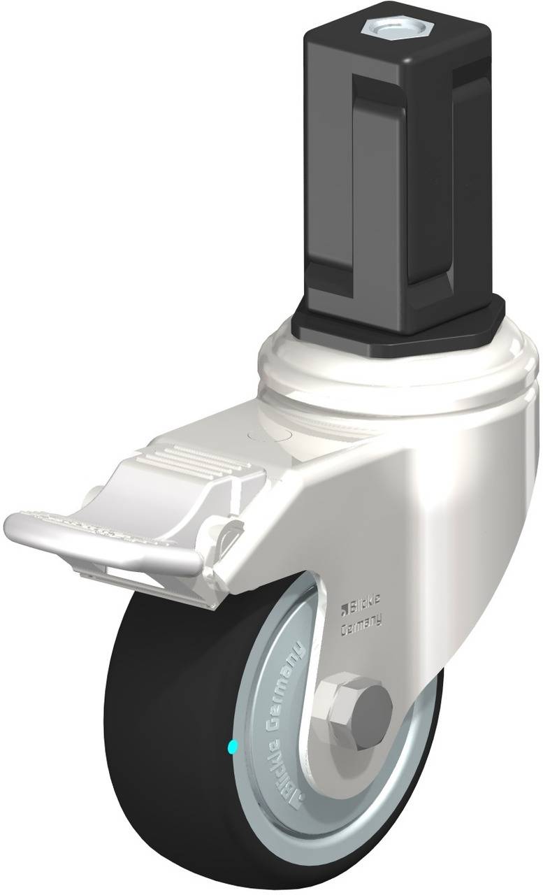 Industrie-Rollenrad mit schwarzem Gummi, silbernem Gehäuse und schwarzem Gehäuseaufsatz auf weißem Hintergrund.