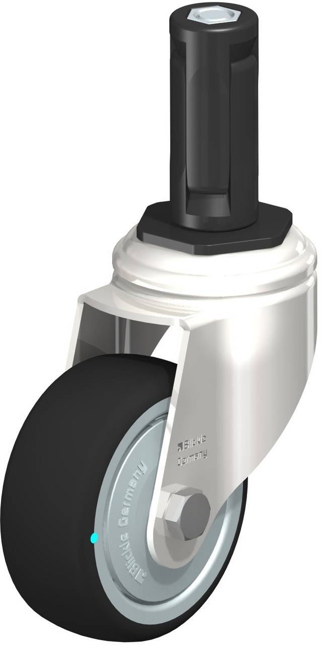 Dargestellt ist eine einzelne, schwenkbare Rolle mit schwarzem Reifen und silbernem Gehäuse, geeignet für Möbel oder Transportwagen.