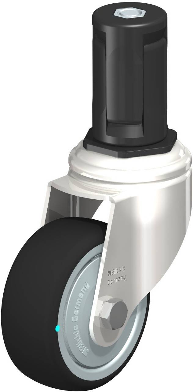 Rolle mit schwarzem Rad und silbernem Gehäuse, oft für Möbel oder Geräte verwendet.