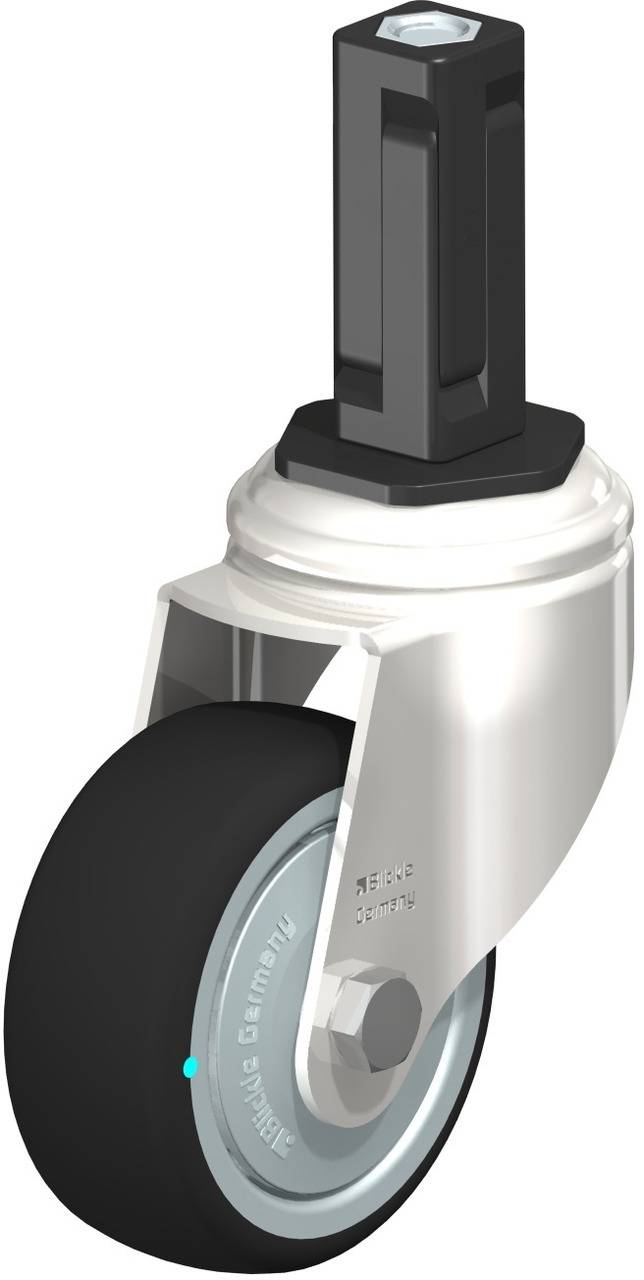 Rolle mit schwarzem Reifen und Metallgehäuse, geeignet für den industriellen Einsatz.
