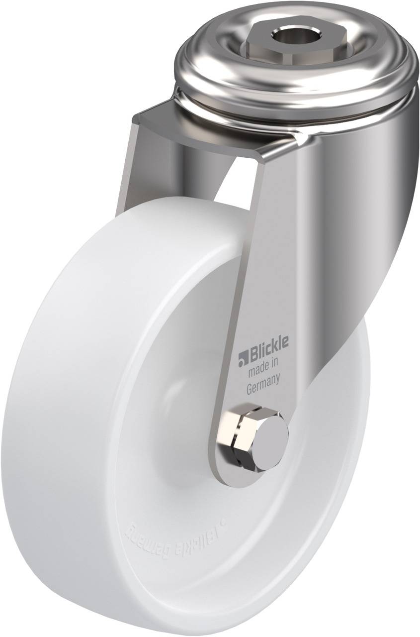 Industrierolle mit weißem Rad und Metallhalterung. Aufschrift 'Blickle made in Germany' sichtbar.