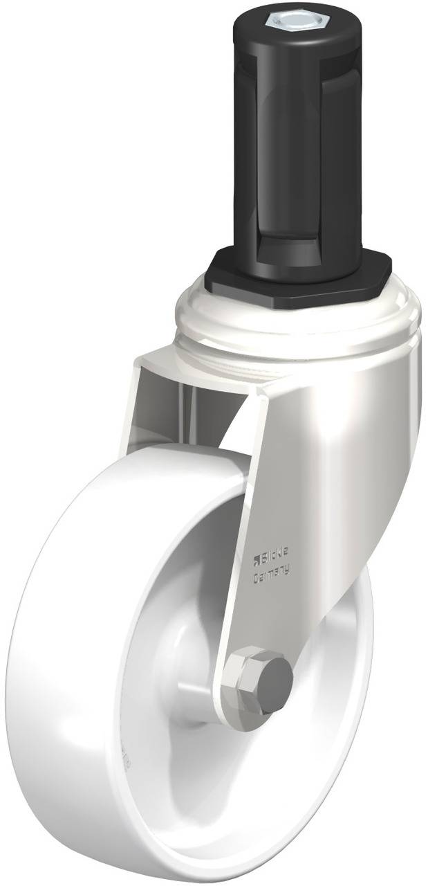 Schwenkrolle mit weißem Rad und schwarzer Befestigung. Geeignet für Möbel oder Geräte, um Mobilität zu ermöglichen.
