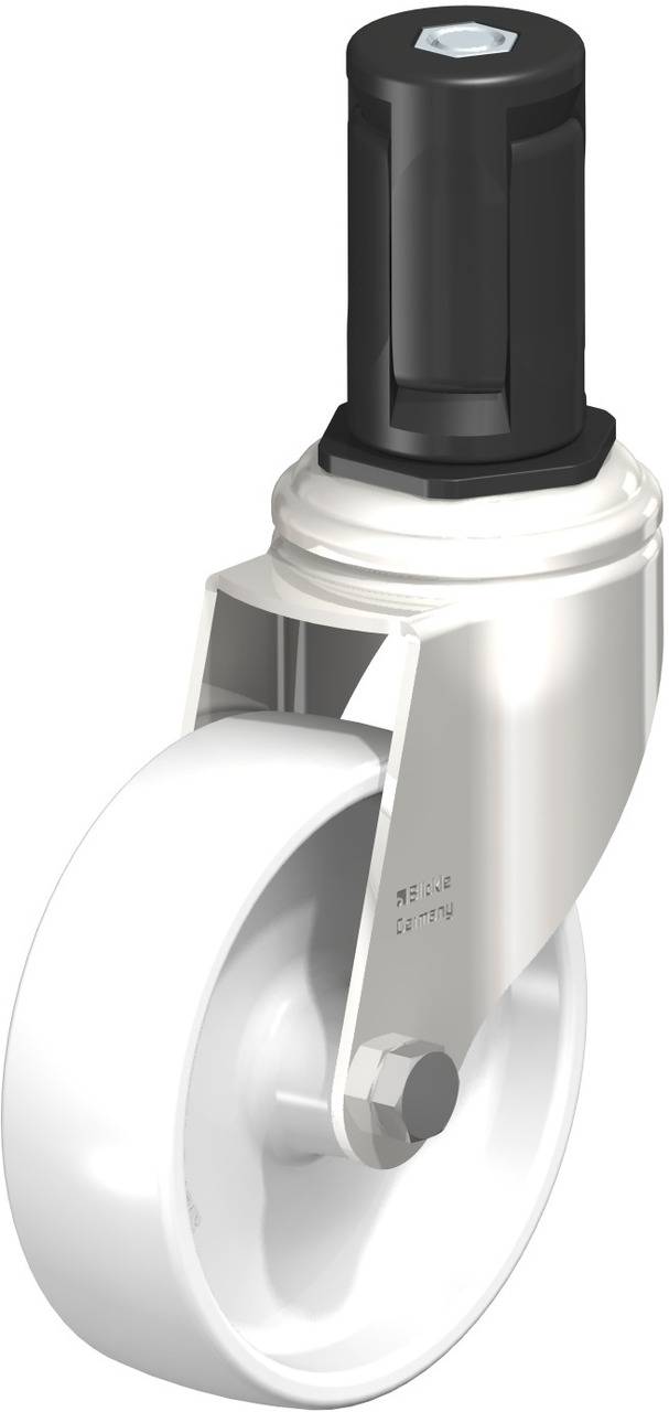 Industrierolle mit weißem Rad und schwarzer Halterung, geeignet für Transportwagen oder Möbel, bietet Stabilität und Beweglichkeit.