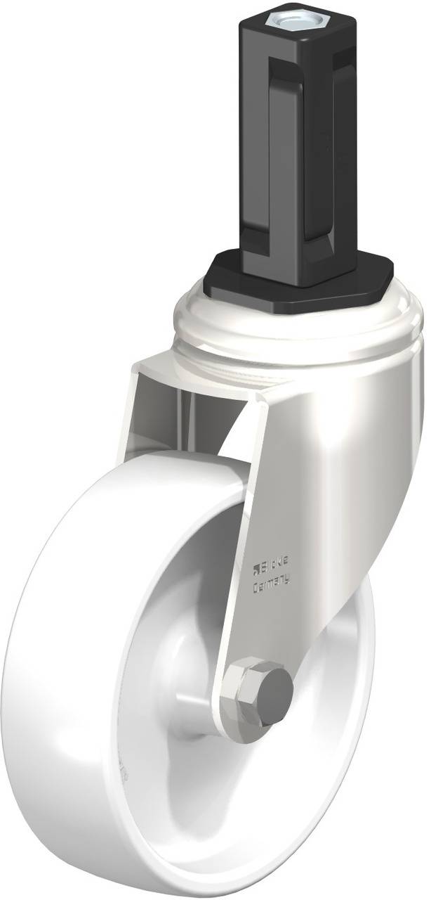 Weißes Rad eines Möbelrollers mit schwarzer Befestigung und Metallgehäuse. Geeignet für leichte bis mittelschwere Lasten.