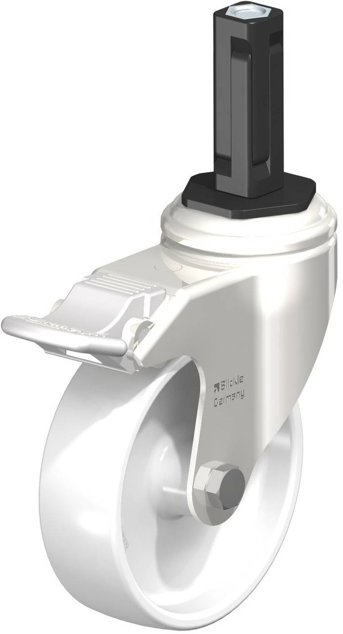 Weißes Rad mit schwarzem Stift, verwendet für Möbel oder Geräte. Enthält eine Metallschraube und einen Hebel zur Verriegelung.