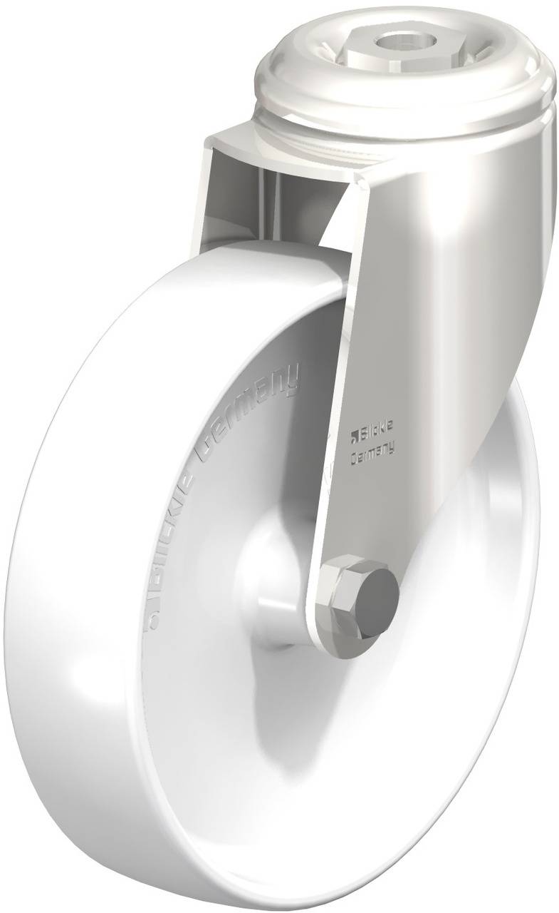 Ein einzelnes weißes Rad mit einer Halterung, möglicherweise für ein Möbelstück oder ein Transportgerät geeignet.