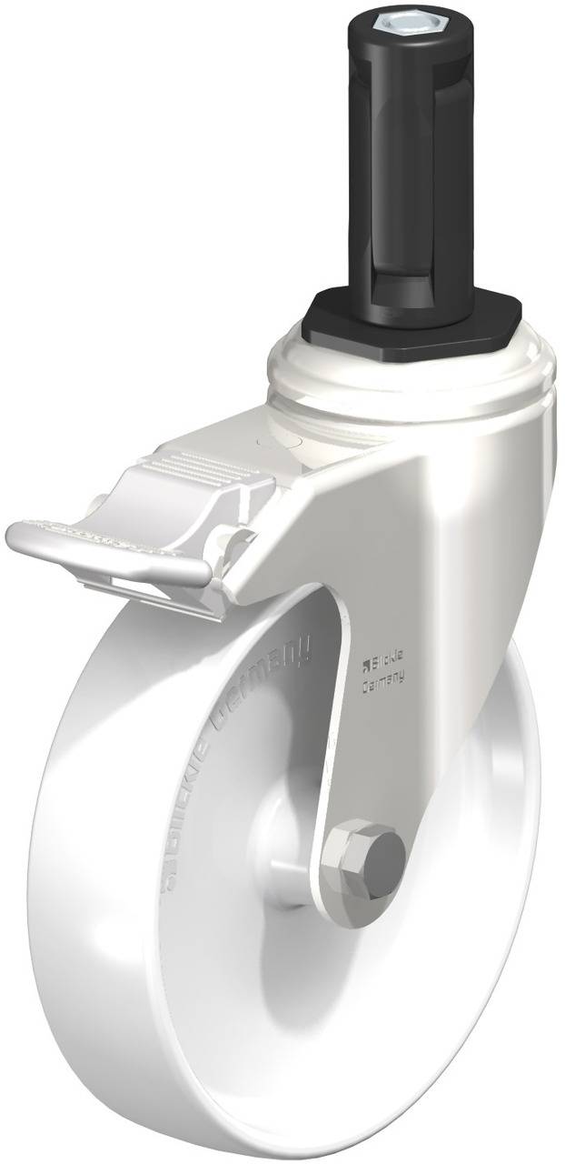 Industrie-Lenkrolle mit Bremse und schwarzem Befestigungsdorn. Weiße radial Montierung für Equipmentbewegung in Werkstätten.