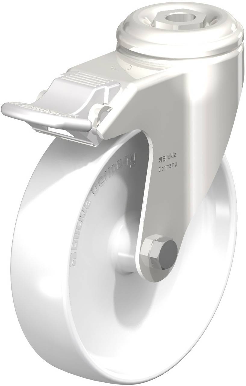 Ein einzelnes weißes Rad mit einer Metallhalterung, vermutlich für Möbel oder Industrieanwendungen, zeigt eine robuste Bauweise.
