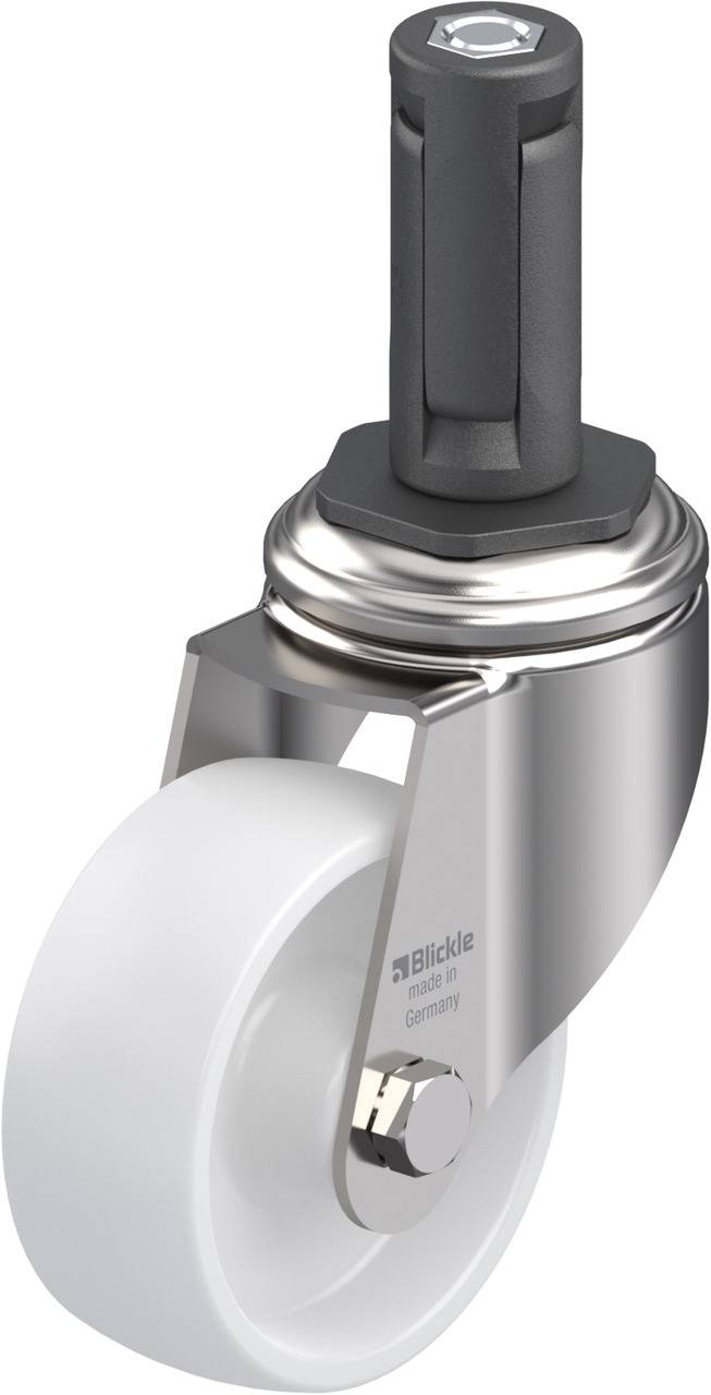 Silberne Lenkrolle mit weißem Rad, geeignet für Möbel oder Geräte. Fokus auf die robusten Materialien und das schlichte Design.