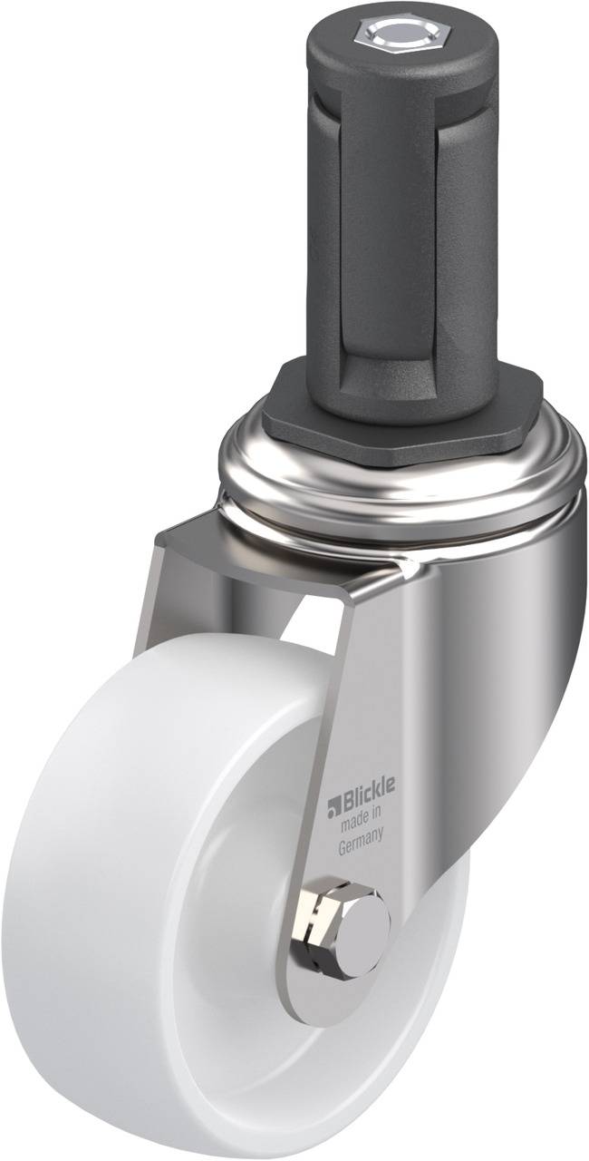 Lenkrolle mit weißem Rad, Metallgehäuse und schwarzem Befestigungselement. Geeignet für vielseitige Anwendungen.