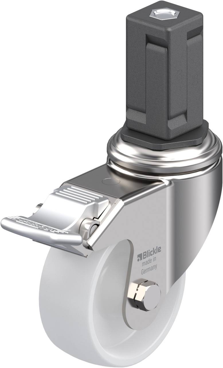 Metallisches Lenkrollenrad mit Bremse und grauem Gehäuse, für industrielle Nutzung geeignet.