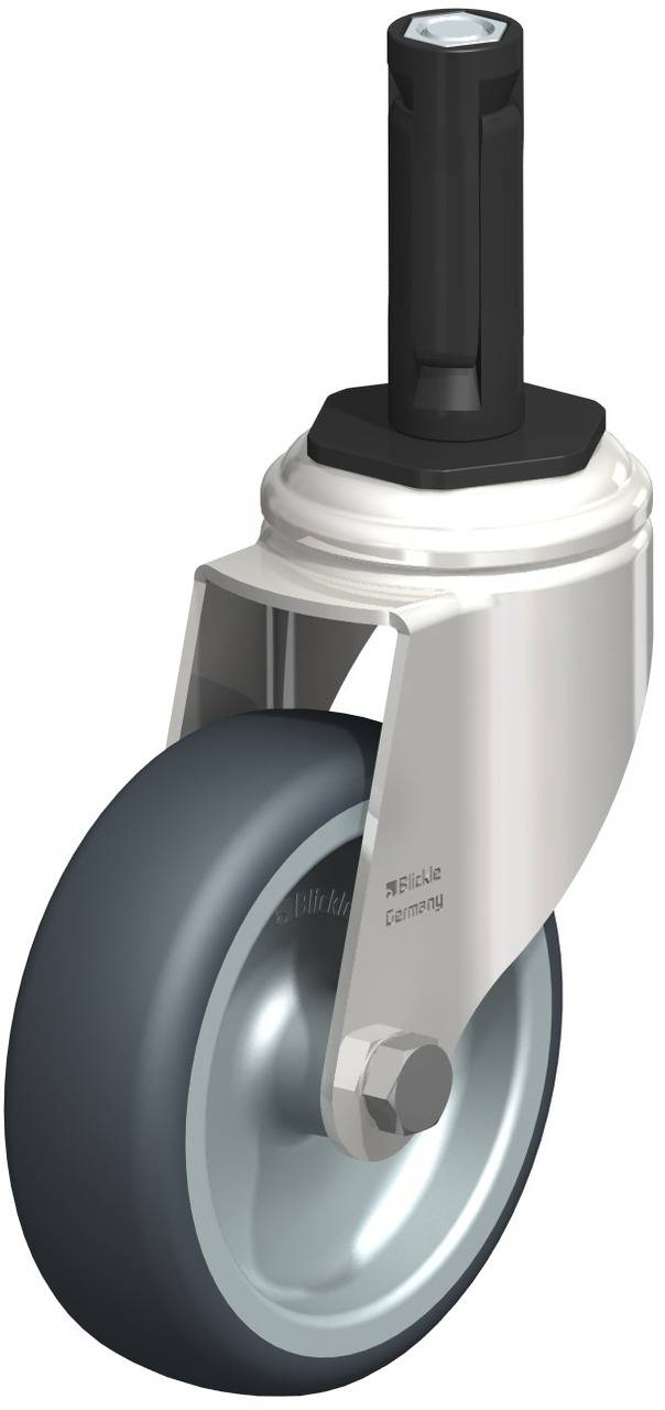 Rollenrad mit grauem Gummireifen und silberner Halterung, geeignet für Industrieanwendungen. Ovaler zylindrischer Stiel für Befestigung.