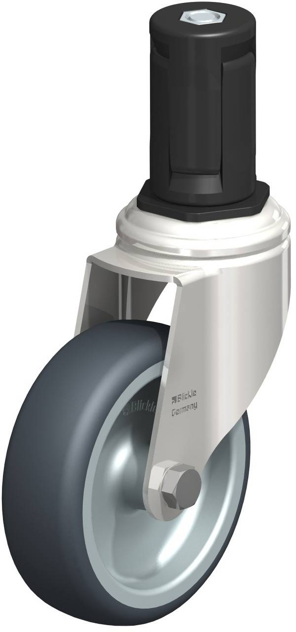 Lenkrolle mit schwarzem Gehäuse und grauem Rad, geeignet für die Montage an Möbeln oder technischen Geräten zur einfachen Mobilität.