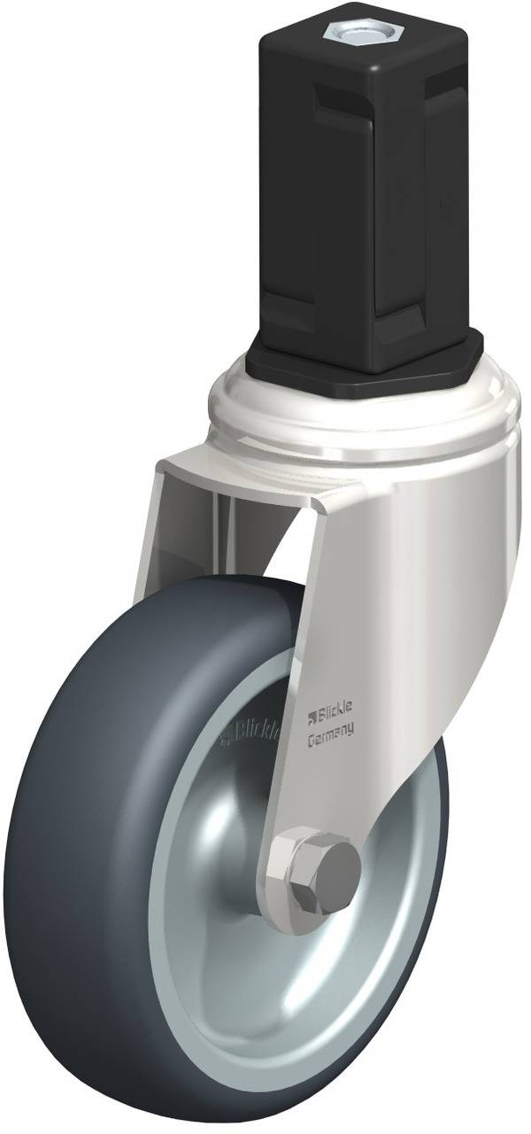 Ein einzelnes, drehbares Rollrad aus Metall mit grauem Gummireifen und schwarzer Halterung.