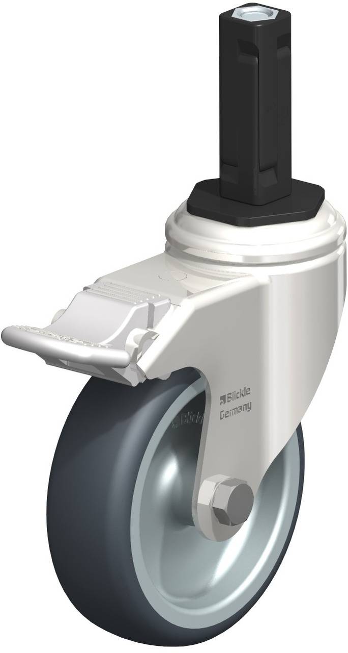 Schwenkrolle mit Feststeller und schwarzem Kunststoffgehäuse, geeignet für Möbel oder Geräte, zeigt flexible Befestigung.