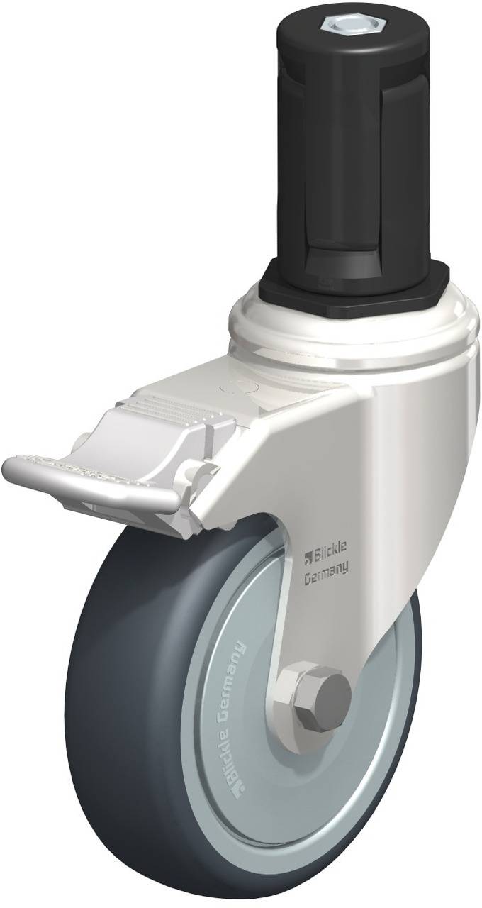 Eine drehbare Industrie-Rolle aus Metall mit schwarzem Befestigungselement und grauem Rad, geeignet für schwere Lasten und Mobilität.