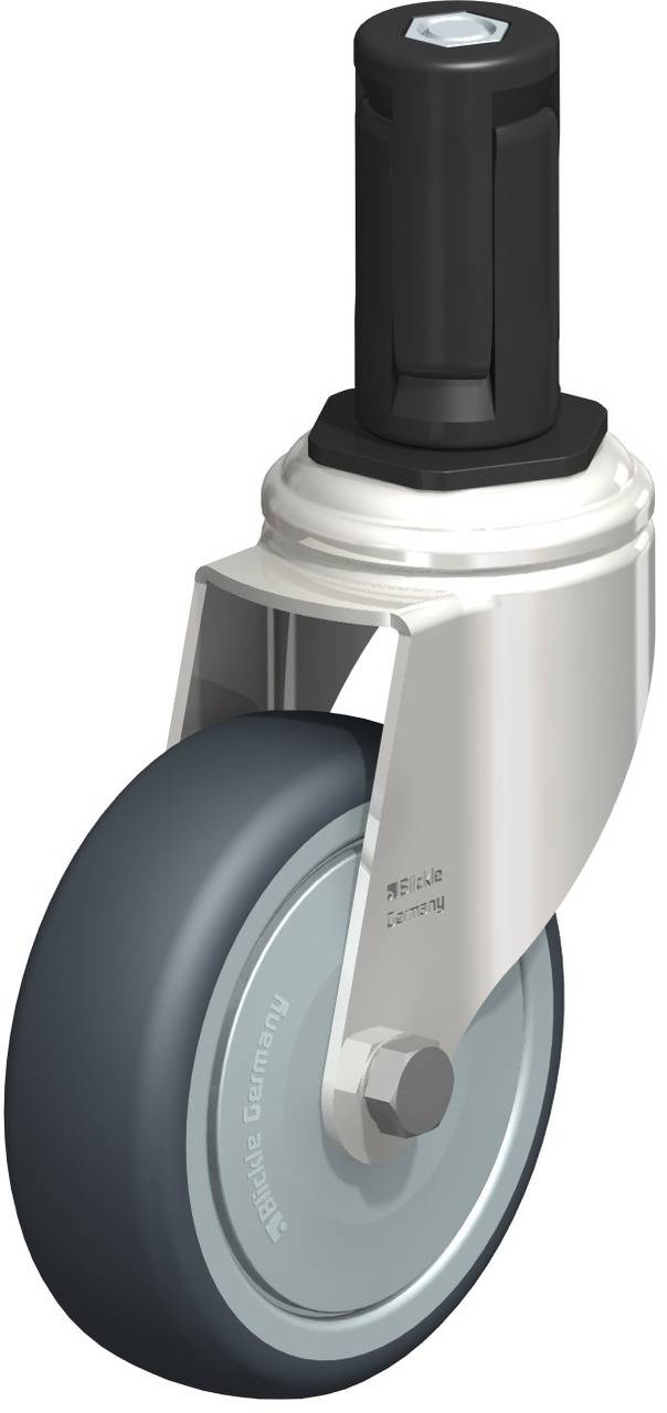 Industrierolle mit grauem Rad und schwarzem Befestigungselement, geeignet für den Einsatz an Möbeln oder Geräten, für leichten Transport.