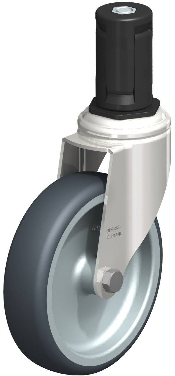 Metallrad mit grauer Gummibeschichtung und schwarzem Kunststoffstiel, geeignet für Möbel oder Transportwagen.